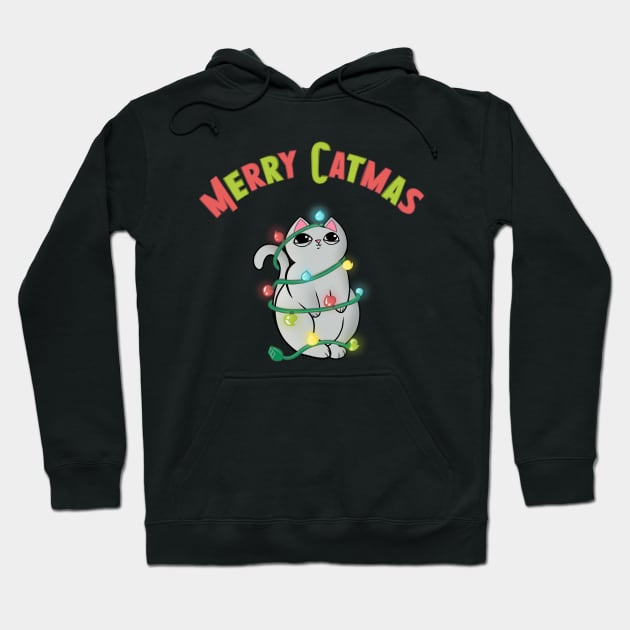 Merry Catmas Cat wrappaed in Christmas Lights Hoodie by xenotransplant